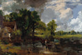 Thumbnail for Numeromaalaus John Constablen Heinärattaista: heinärattaat joessa, talo ja puut pilvisen taivaan alla.