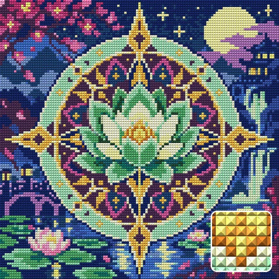 The Jade Lotus Compass, 30x30 cm timanttimaalaus – lopullisen kuvion esikatselu ja lähikuva neliönmuotoisista timanteista