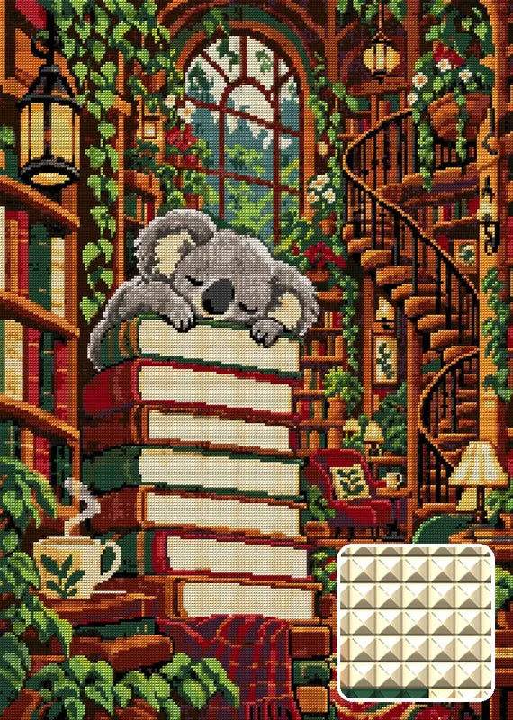 The Koala Bookshop Nap, 50x70 cm timanttimaalaus – lopullisen kuvion esikatselu ja lähikuva neliönmuotoisista timanteista