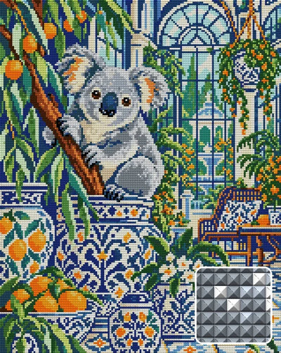 The Koala Ceramic Conservatory, 40x50 cm timanttimaalaus – lopullisen kuvion esikatselu ja lähikuva neliönmuotoisista timanteista