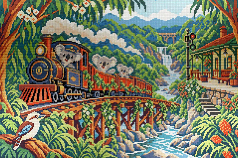 The Koalas Rainforest Railway, 60x40 cm timanttimaalaus – koko kuvion esikatselu ilman lähikuvaa