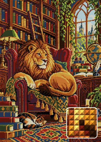 The Lions Golden Library, 50x70 cm timanttimaalaus – lopullisen kuvion esikatselu ja lähikuva neliönmuotoisista timanteista