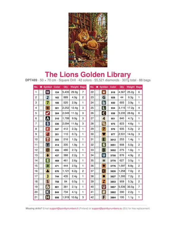 The Lions Golden Library timanttimaalauksen värikartta – 42 DMC-väriä