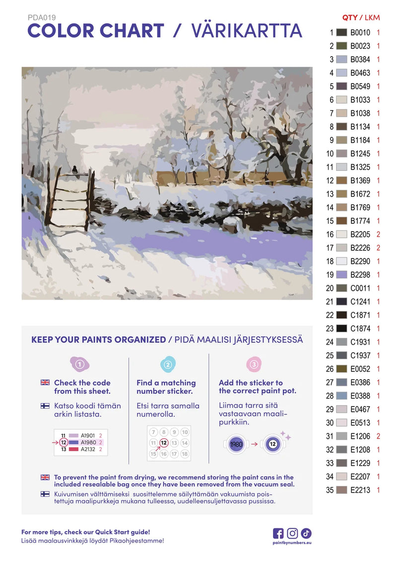 Paint by numbers color chart - The Magpie - väriluettelo ja ohjeet