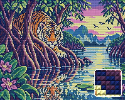 The Mangrove Striped Watcher, 50x40 cm timanttimaalaus – lopullisen kuvion esikatselu ja lähikuva neliönmuotoisista timanteista