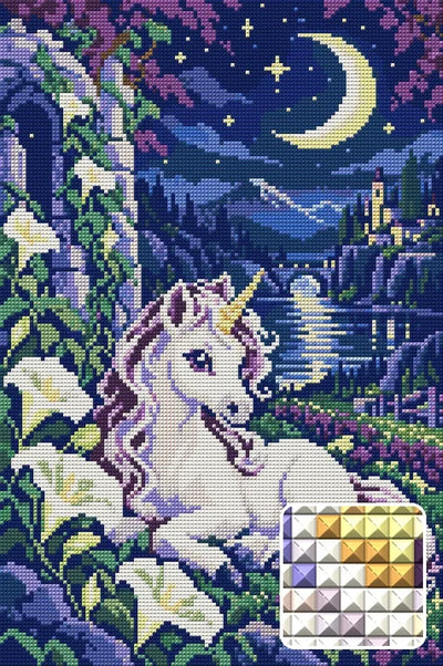 The Midnight Meadow Foal, 30x45 cm timanttimaalaus – lopullisen kuvion esikatselu ja lähikuva neliönmuotoisista timanteista