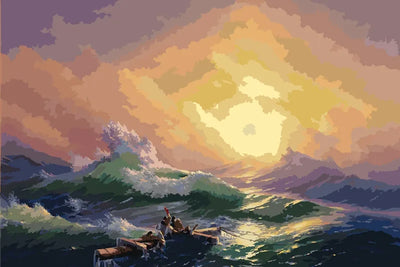 Numeromaalaus Aivazovskin Yhdeksännestä aallosta: haaksirikkoiset mastonpalalla myrskyävällä merellä auringonnousussa.