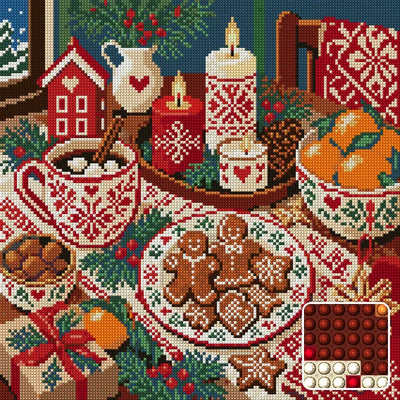 The Nordic Candle Supper, 40x40 cm timanttimaalaus – lopullisen kuvion esikatselu ja lähikuva pyöreistä timanteista