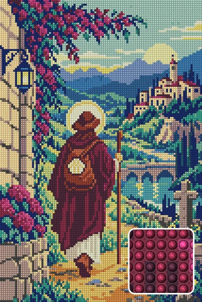 The Ochre Pilgrim, 30x45 cm timanttimaalaus – lopullisen kuvion esikatselu ja lähikuva pyöreistä timanteista