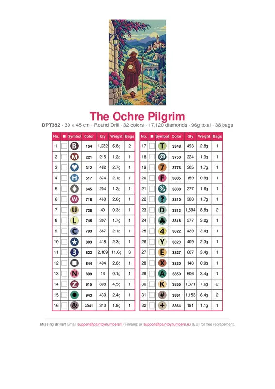 The Ochre Pilgrim timanttimaalauksen värikartta – 32 DMC-väriä