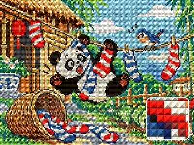 The Panda Laundry Incident, 40x30 cm timanttimaalaus – lopullisen kuvion esikatselu ja lähikuva neliönmuotoisista timanteista
