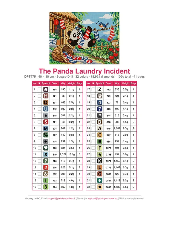 The Panda Laundry Incident timanttimaalauksen värikartta – 32 DMC-väriä