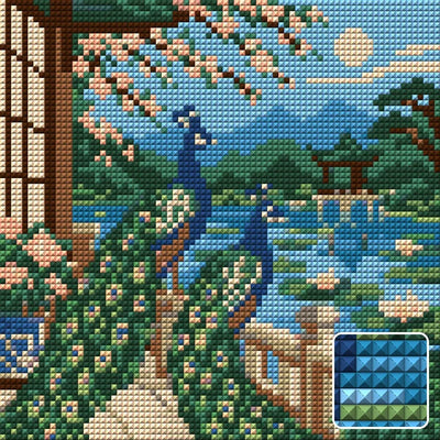 The Peacock Lily Terrace, 20x20 cm timanttimaalaus – lopullisen kuvion esikatselu ja lähikuva neliönmuotoisista timanteista