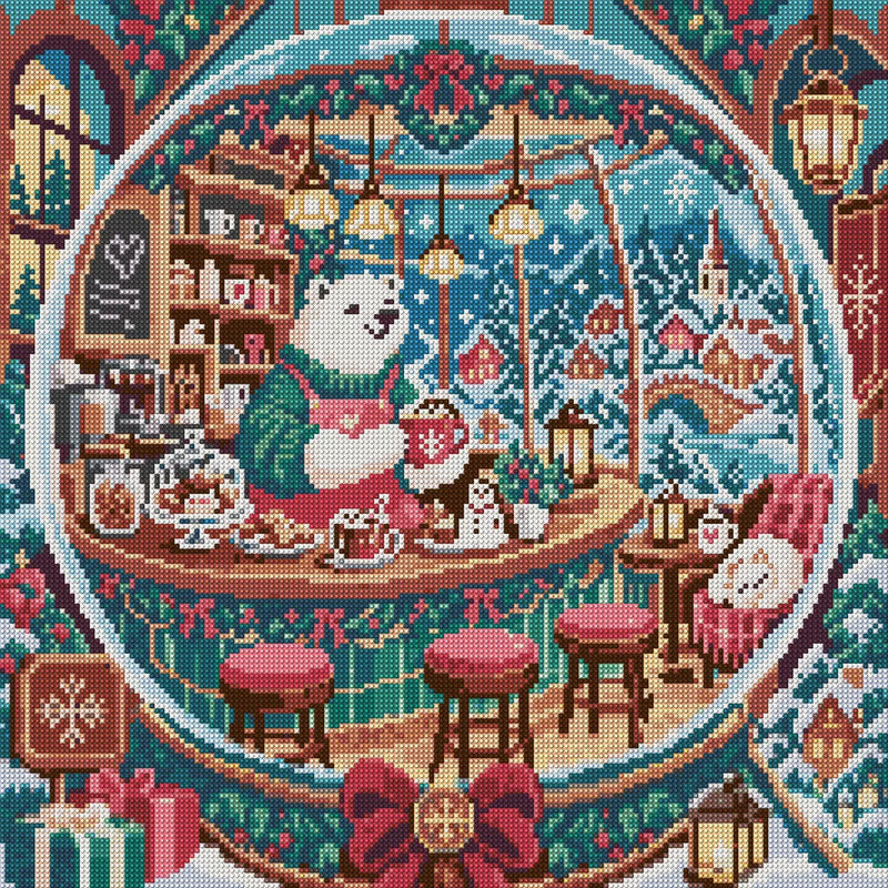 The Polar Bear Snow Globe Cafe, 50x50 cm timanttimaalaus – koko kuvion esikatselu ilman lähikuvaa