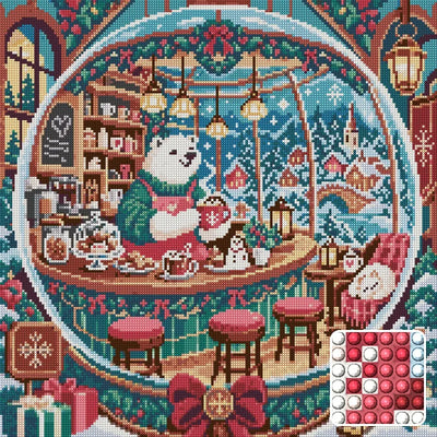 The Polar Bear Snow Globe Cafe, 50x50 cm timanttimaalaus – lopullisen kuvion esikatselu ja lähikuva pyöreistä timanteista