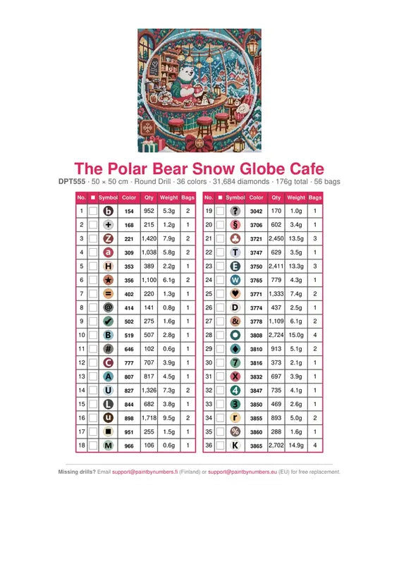 The Polar Bear Snow Globe Cafe timanttimaalauksen värikartta – 36 DMC-väriä