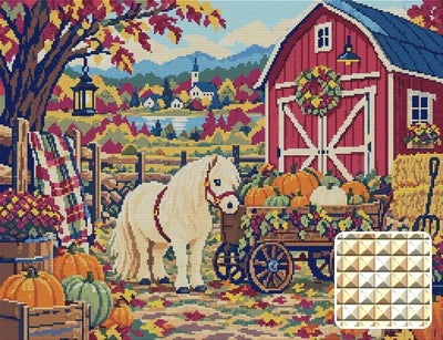 The Pony and the Pumpkin Cart, 65x50 cm timanttimaalaus – lopullisen kuvion esikatselu ja lähikuva neliönmuotoisista timanteista