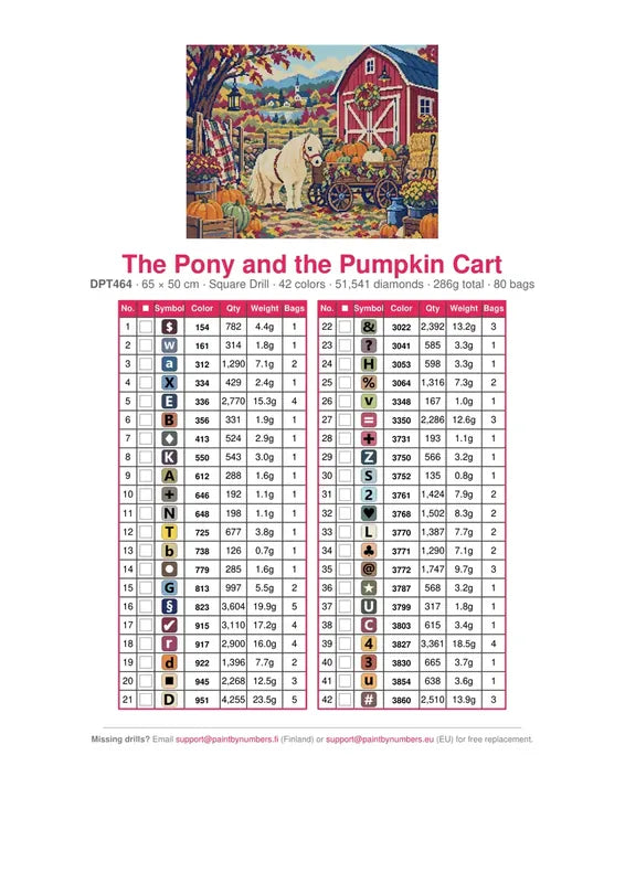 The Pony and the Pumpkin Cart timanttimaalauksen värikartta – 42 DMC-väriä