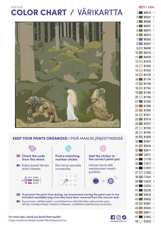 Numeromaalaus: Värikartta ja ohjeet - Prinsessa ja peikot 50x50cm
