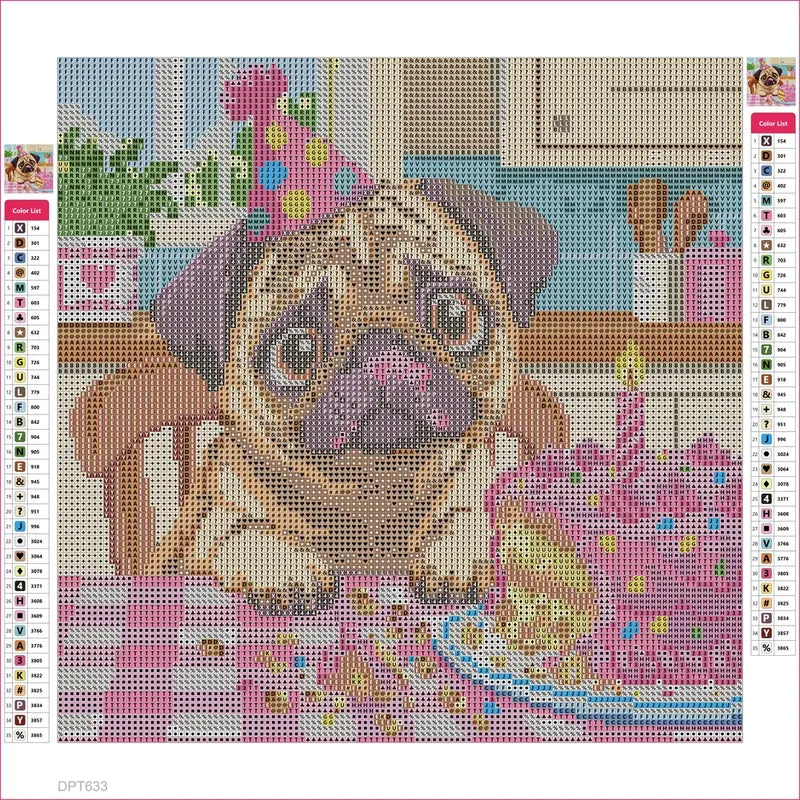 The Pug Who Ate the Birthday Cake timanttimaalauksen liimapintainen canvas 30x30cm