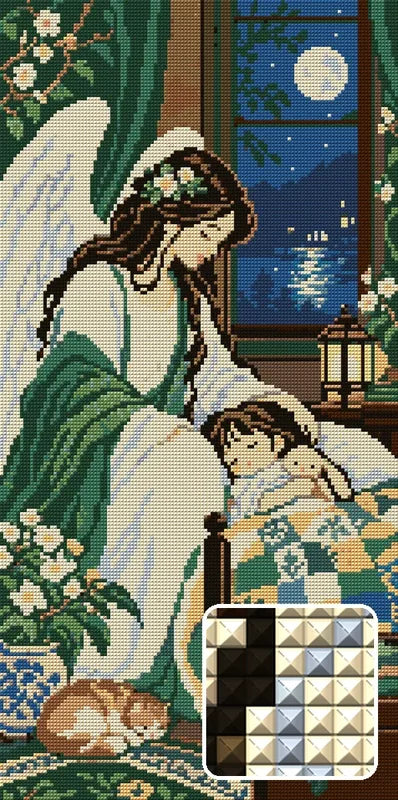 The Quiet Bedside Wing, 30x60 cm timanttimaalaus – lopullisen kuvion esikatselu ja lähikuva neliönmuotoisista timanteista
