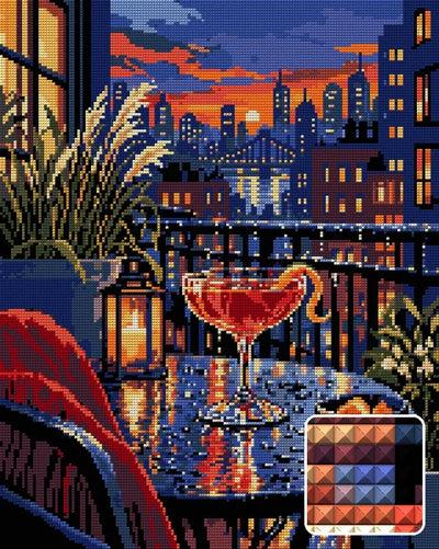 The Rainy Rooftop Negroni, 40x50 cm timanttimaalaus – lopullisen kuvion esikatselu ja lähikuva neliönmuotoisista timanteista