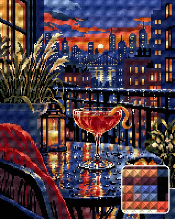 The Rainy Rooftop Negroni, 40x50 cm timanttimaalaus – lopullisen kuvion esikatselu ja lähikuva neliönmuotoisista timanteista