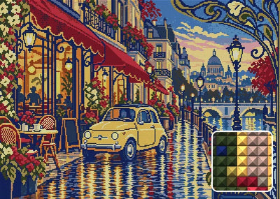 The Rainy Tram Street Car, 70x50 cm timanttimaalaus – lopullisen kuvion esikatselu ja lähikuva neliönmuotoisista timanteista