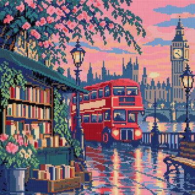 The Red Bus at the Book Stall, 40x40 cm timanttimaalaus – lopullisen kuvion esikatselu
