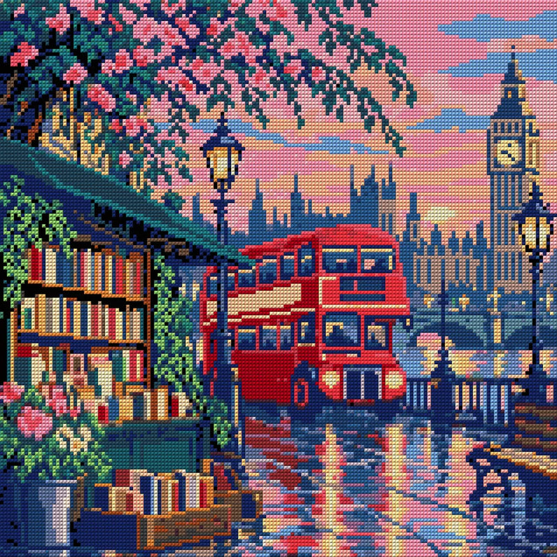 The Red Bus at the Book Stall, 40x40 cm timanttimaalaus – koko kuvion esikatselu ilman lähikuvaa
