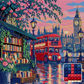 Thumbnail for The Red Bus at the Book Stall, 40x40 cm timanttimaalaus – lopullisen kuvion esikatselu ja lähikuva neliönmuotoisista timanteista