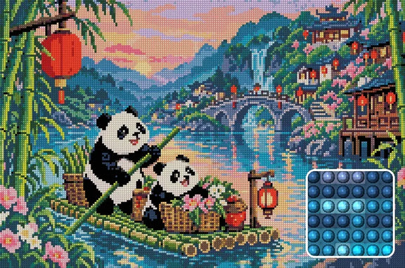 The Red Lantern Bamboo Ferry, 60x40 cm timanttimaalaus – lopullisen kuvion esikatselu ja lähikuva pyöreistä timanteista