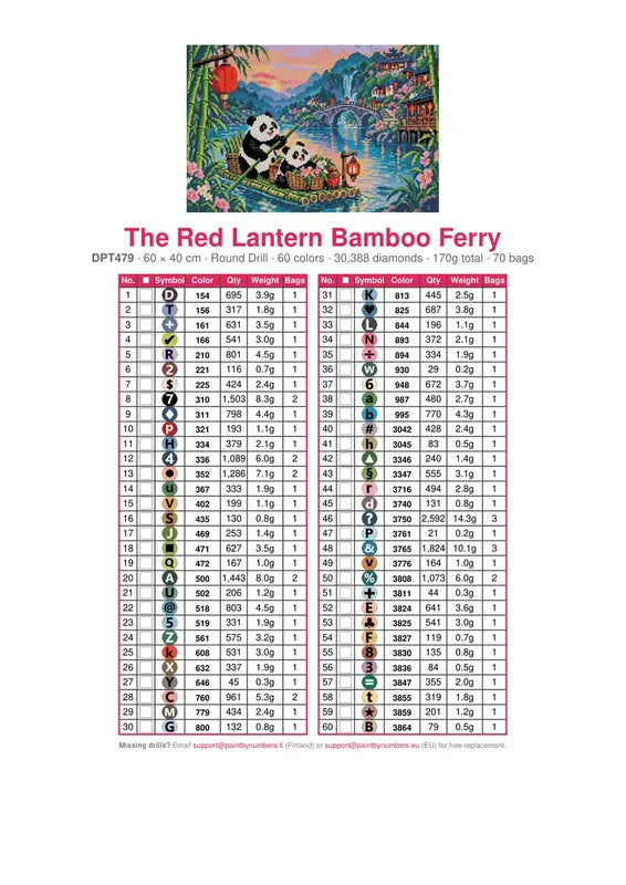 The Red Lantern Bamboo Ferry timanttimaalauksen värikartta – 60 DMC-väriä
