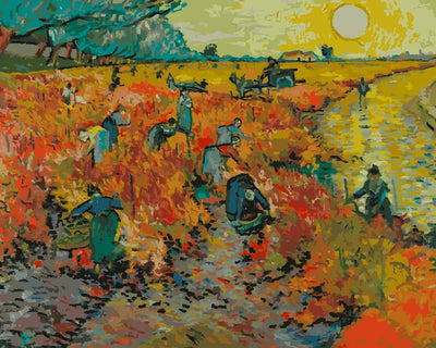 Numeromaalaus van Goghin Punaisesta viinitarhasta, jossa poimijat työskentelevät matalan auringon alla.