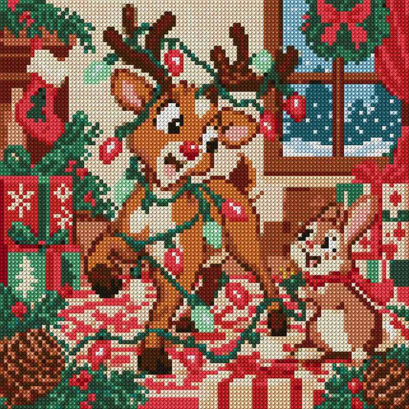 The Reindeers Tangled Lights, 30x30 cm timanttimaalaus – koko kuvion esikatselu ilman lähikuvaa