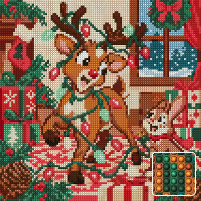 The Reindeers Tangled Lights, 30x30 cm timanttimaalaus – lopullisen kuvion esikatselu ja lähikuva pyöreistä timanteista