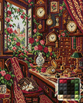 Thumbnail for The Rose Clockmakers Room, 40x50 cm timanttimaalaus – lopullisen kuvion esikatselu ja lähikuva neliönmuotoisista timanteista