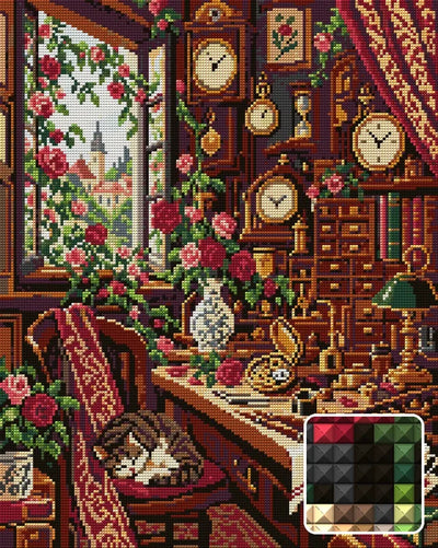 The Rose Clockmakers Room, 40x50 cm timanttimaalaus – lopullisen kuvion esikatselu ja lähikuva neliönmuotoisista timanteista