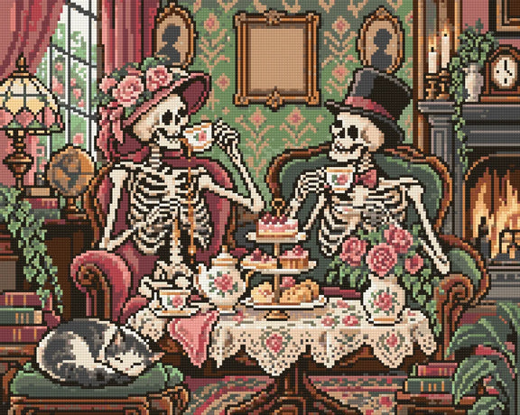 The Skeletons Tea Etiquette, 50x40 cm timanttimaalaus – lopullisen kuvion esikatselu