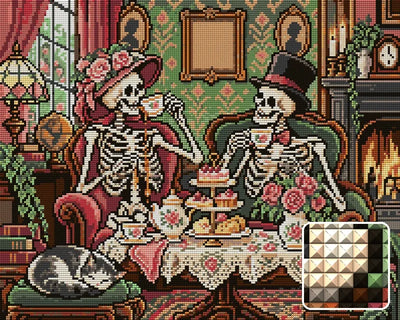 The Skeletons Tea Etiquette, 50x40 cm timanttimaalaus – lopullisen kuvion esikatselu ja lähikuva neliönmuotoisista timanteista