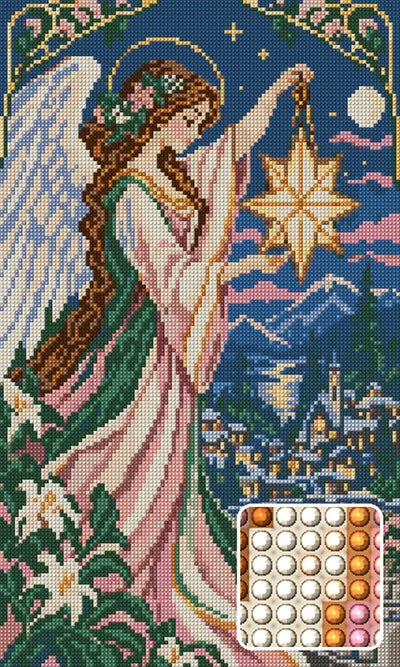 The Star Lantern Messenger, 30x50 cm timanttimaalaus – lopullisen kuvion esikatselu ja lähikuva pyöreistä timanteista