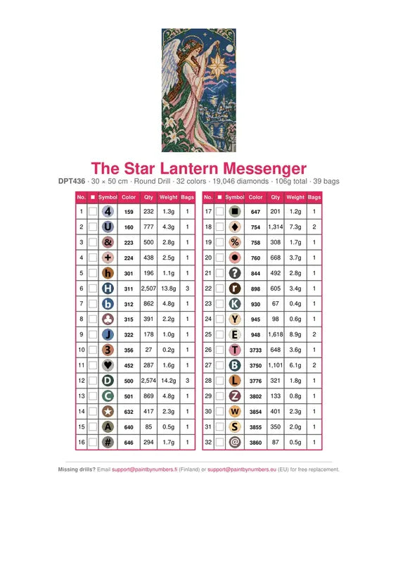 The Star Lantern Messenger timanttimaalauksen värikartta – 32 DMC-väriä