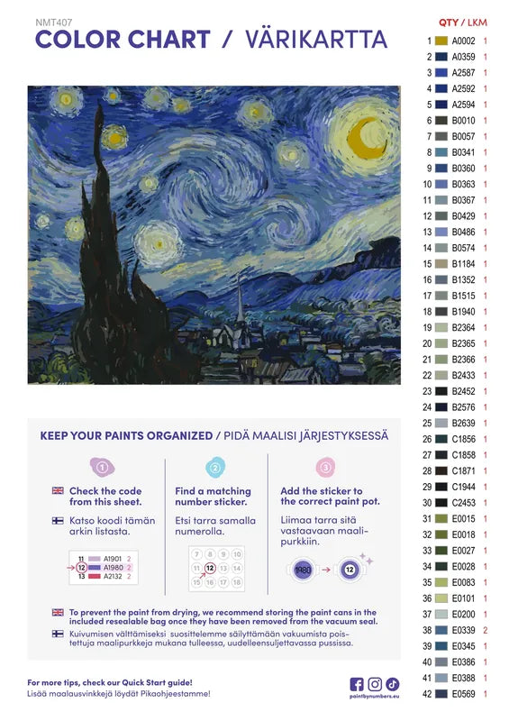 Numeromaalaus: Värikartta ja ohjeet - The Starry Night 50x40cm