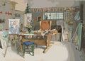 Thumbnail for Numeromaalaus Carl Larssonin Ateljeesta: työhuone, maalausteline, auringonkukat ja nojatuoli pöydän ääressä.