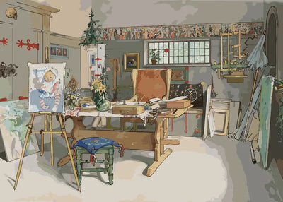 Numeromaalaus Carl Larssonin Ateljeesta: työhuone, maalausteline, auringonkukat ja nojatuoli pöydän ääressä.