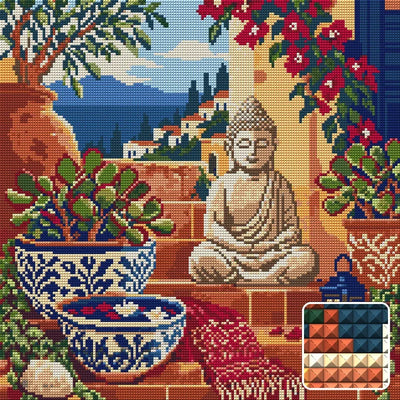 The Terracotta Meditation Steps, 40x40 cm timanttimaalaus – lopullisen kuvion esikatselu ja lähikuva neliönmuotoisista timanteista