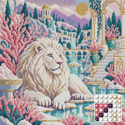 The White Lion Salt Garden, 50x50 cm timanttimaalaus – lopullisen kuvion esikatselu ja lähikuva pyöreistä timanteista
