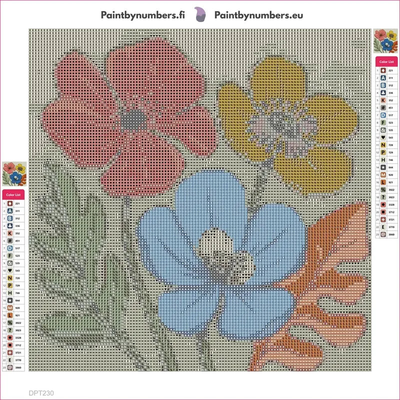 Three Flowers timanttimaalauksen liimapintainen canvas 30x30cm