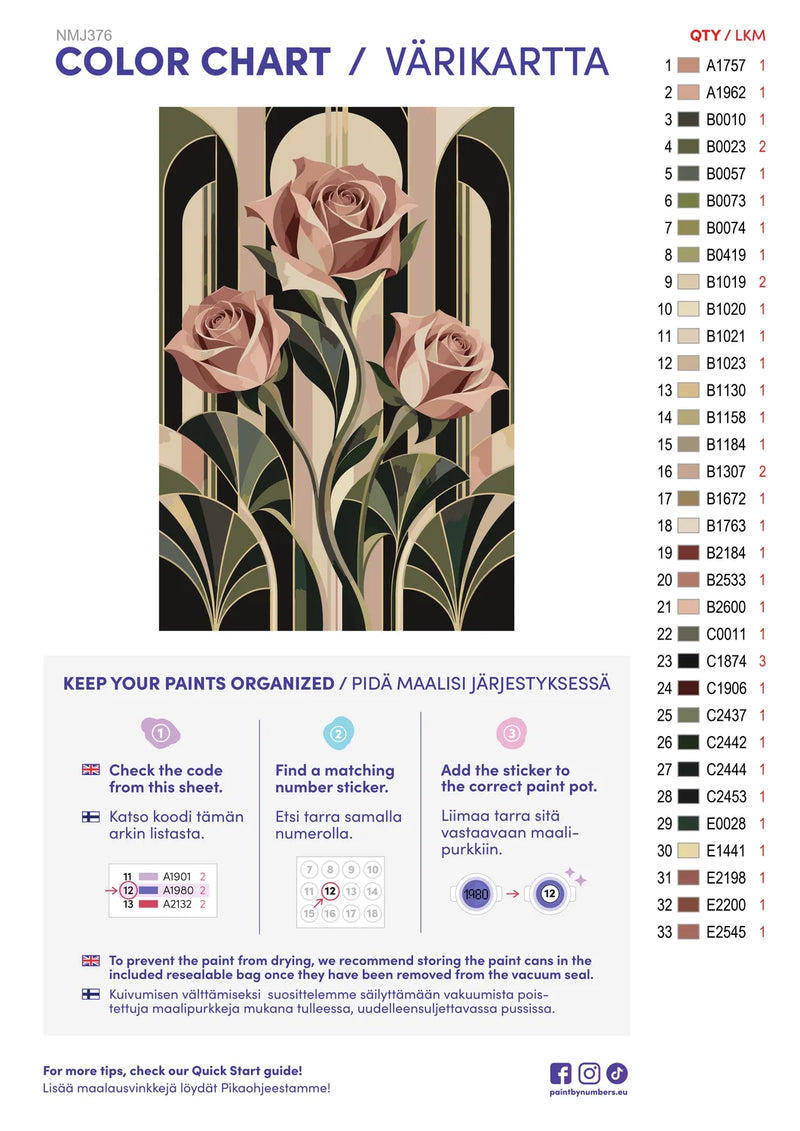 Värikartta ja ohjeet - Three Roses Art Deco 40x60cm