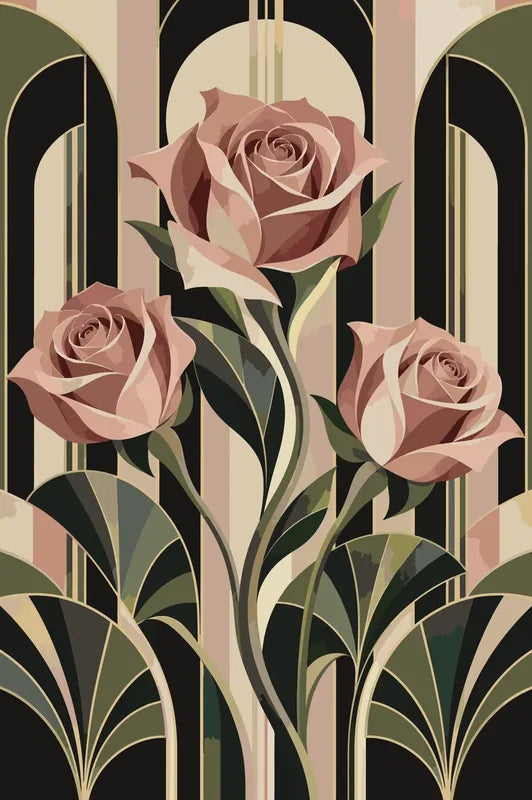 Kolme ruusua art deco -tyylisellä taustalla numeromaalaus